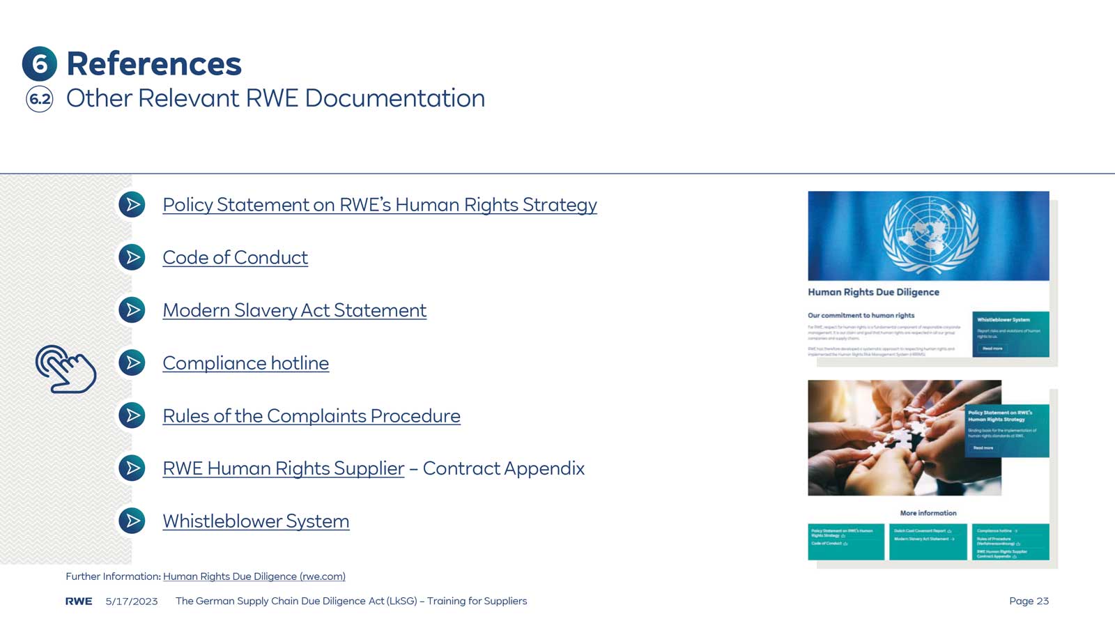 An informational webpage showing references related to RWE's human rights strategy, including multiple clickable documents.