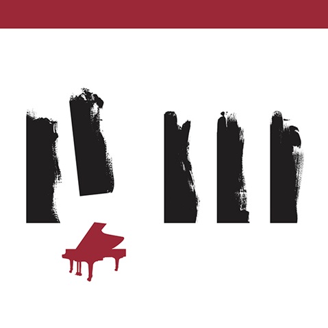 A red piano and black brush strokes on a white background create an artistic composition.