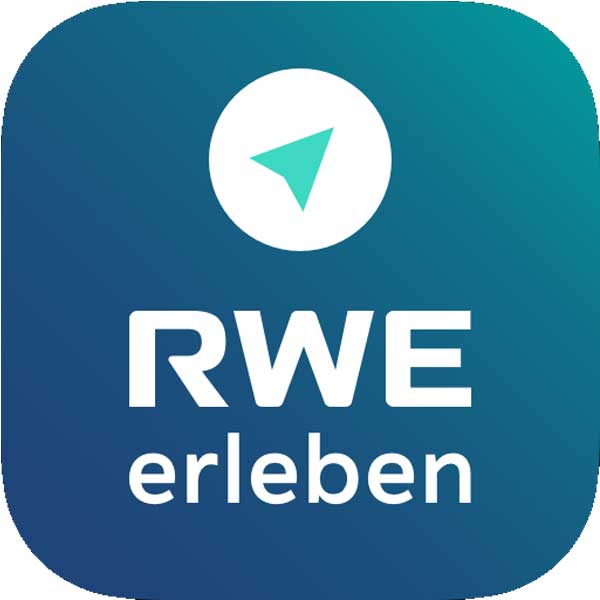 Logo von RWE mit dem Wort 'erleben' darunter, sowie einem Kompasssymbol auf einem blaugrauem Hintergrund.