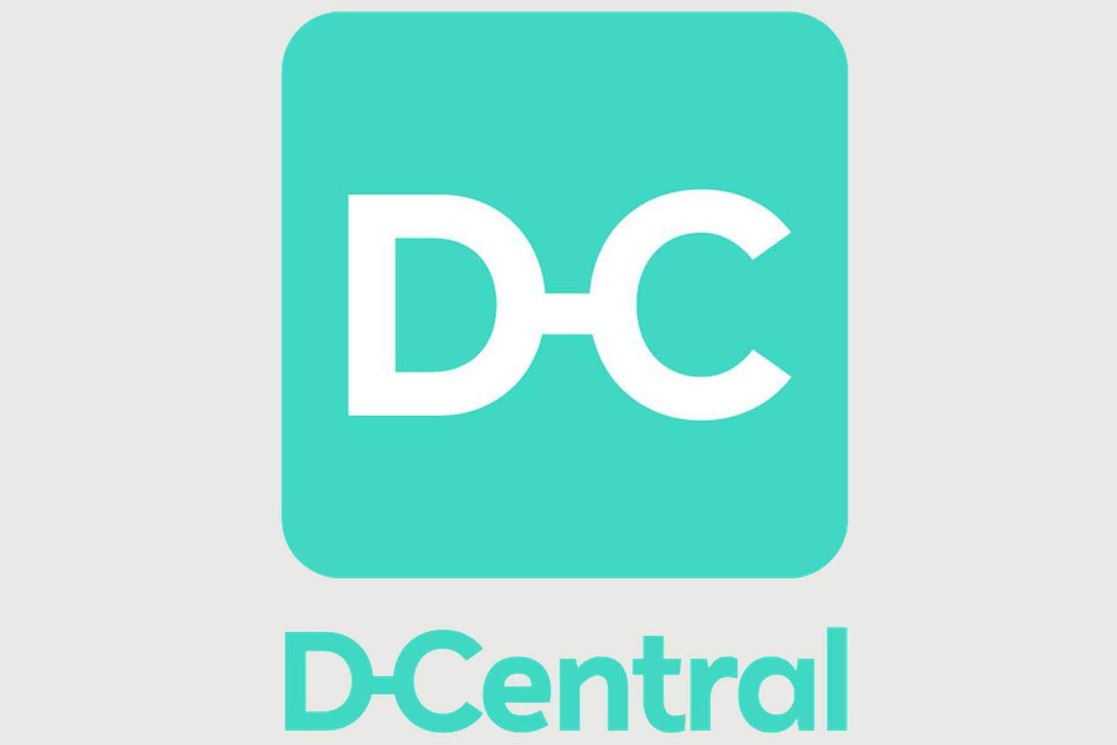 Logo von D-Central in türkis mit weißen Buchstaben D und C auf grauem Hintergrund.