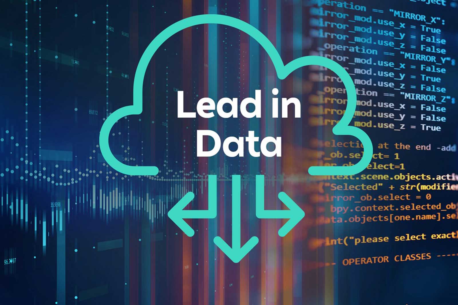 Eine Grafik mit dem Text 'Lead in Data' in einem Wolken-Design, vor einem Hintergrund aus Datenvisualisierungen und Programmiercode.