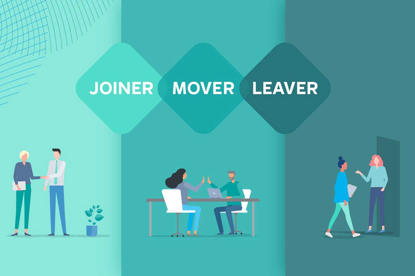 An illustration depicting three concepts: Joiner, Mover, and Leaver, with people interacting in various settings.