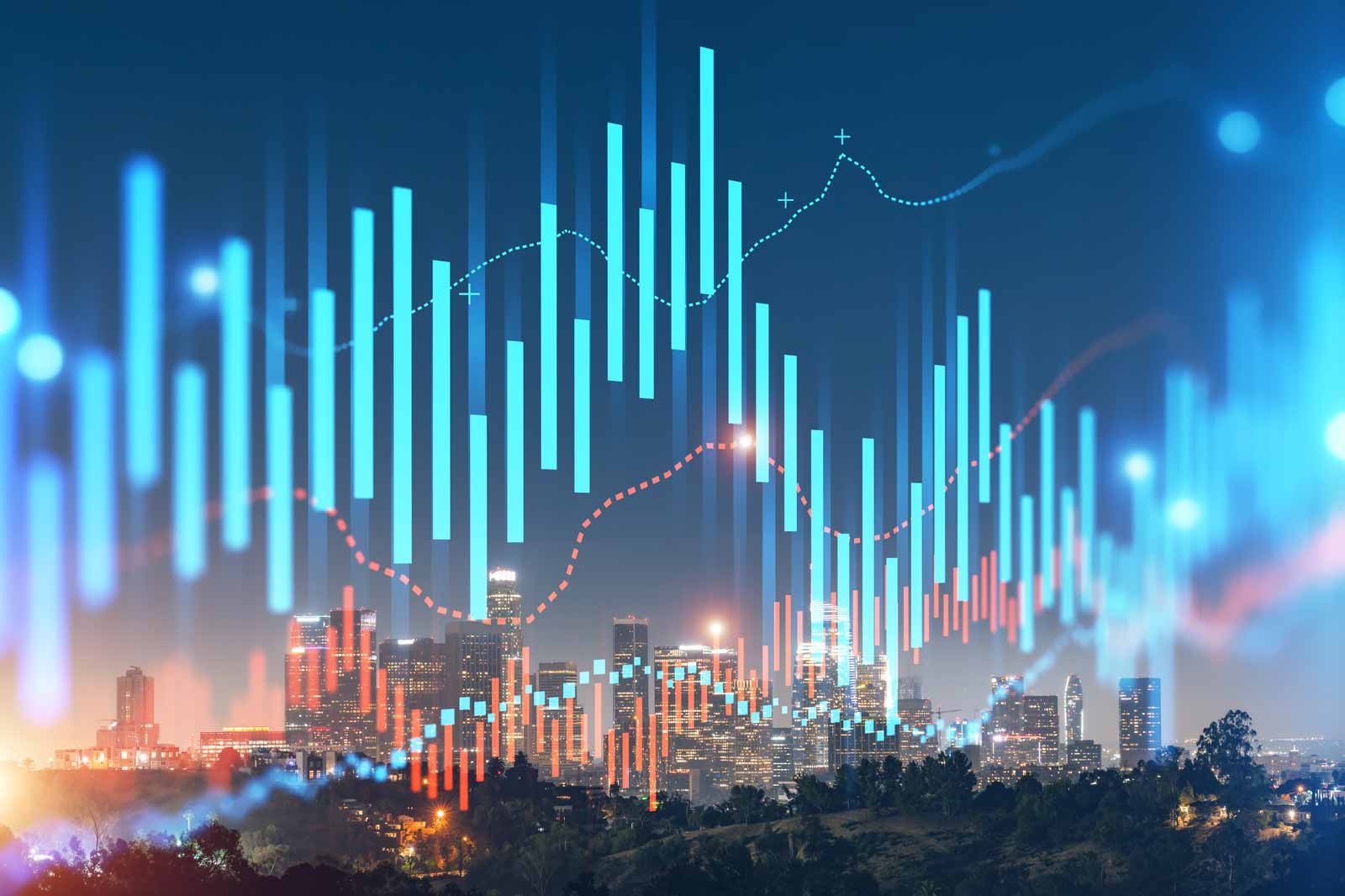 Eine digitale Stadtsilhouette mit lebhaften Finanzgrafiken und Datenvisualisierungen bei Nacht überlagert.