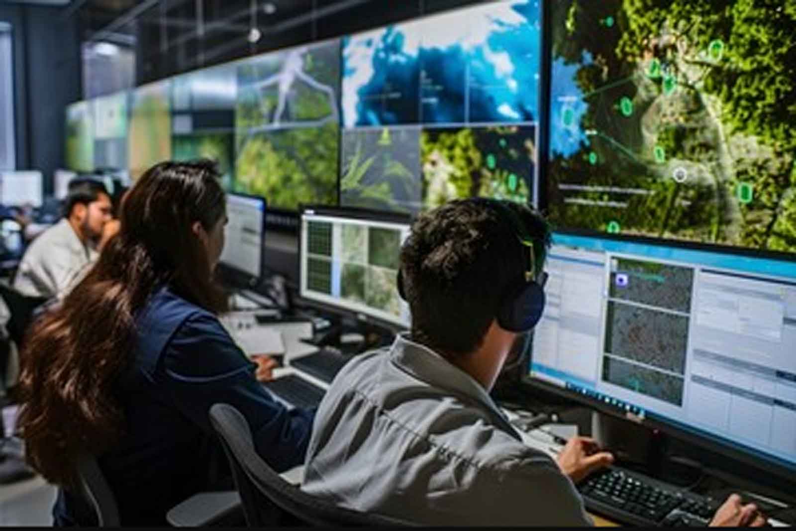 Zwei Personen arbeiten in einem modernen Kontrollraum. Große Bildschirme zeigen Karten und Datenanalysen.