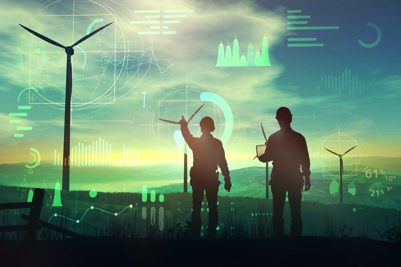 Silhouettes of two individuals in front of wind turbines. Digital graphics and charts are visible in the background.