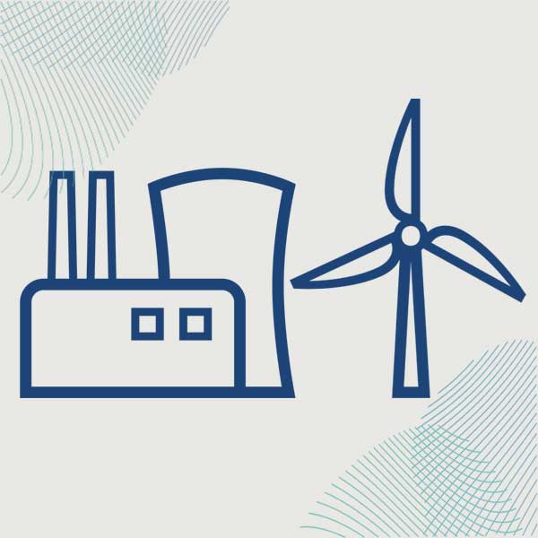 A stylised depiction of a power plant next to a wind turbine representing renewable energy.