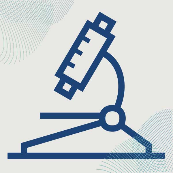 A stylised microscope graphic on a light grey background, featuring geometric lines in the design.
