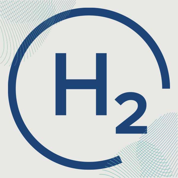 Ein Logo mit der chemischen Formel H₂, umgeben von einem runden Rahmen und sanften farbigen Wellen.
