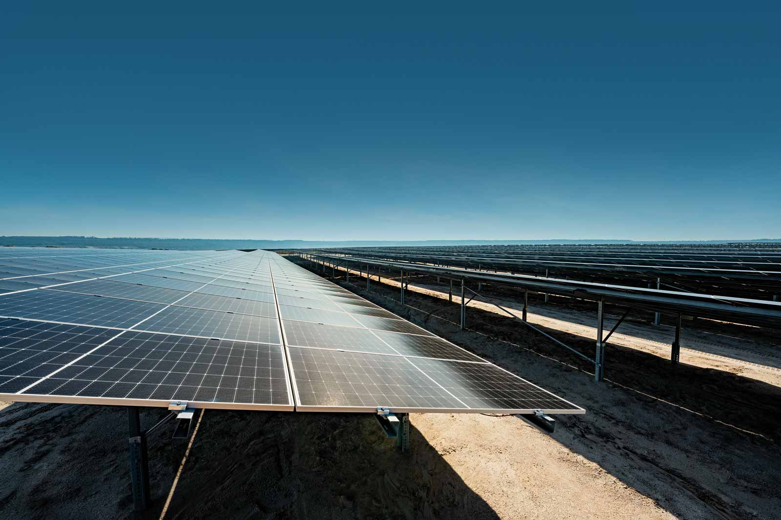 A field of solar panels stretches under a clear blue sky. The ground is dry and sandy.