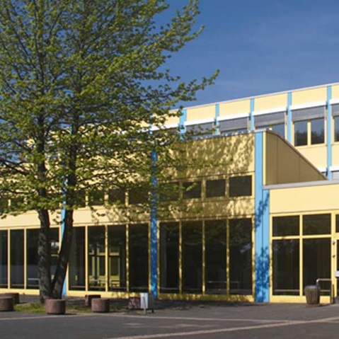 Moderne Gebäudeaußenansicht mit großen Glasfenstern, gelben und blauen Akzenten sowie einem nahegelegenen Baum unter blauem Himmel.