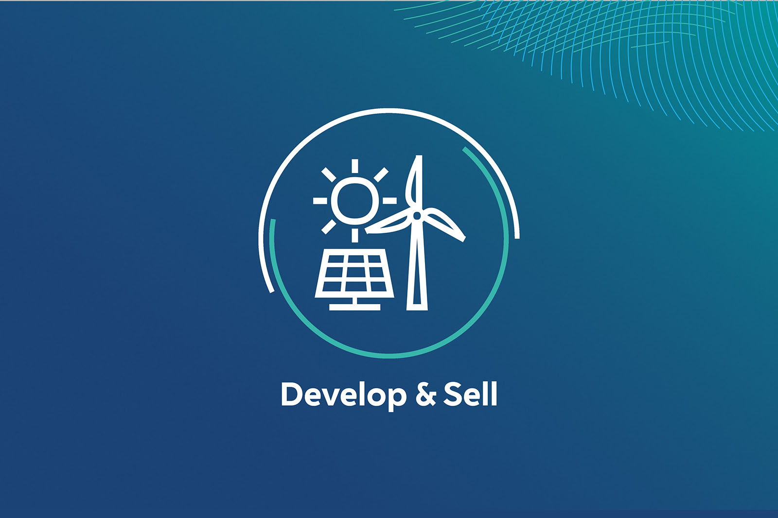 Ein weißer Kreis mit Sonne, Solarmodul und Windrad vor einem blau-grünen Verlaufshintergrund über dem Schriftzug „Develop & Sell“.