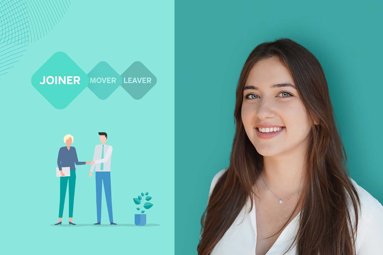 Grafik mit den Begriffen 'Joiner', 'Mover' und 'Leaver'. Zwei Figuren schütteln sich die Hände, und eine Person ist zu sehen.