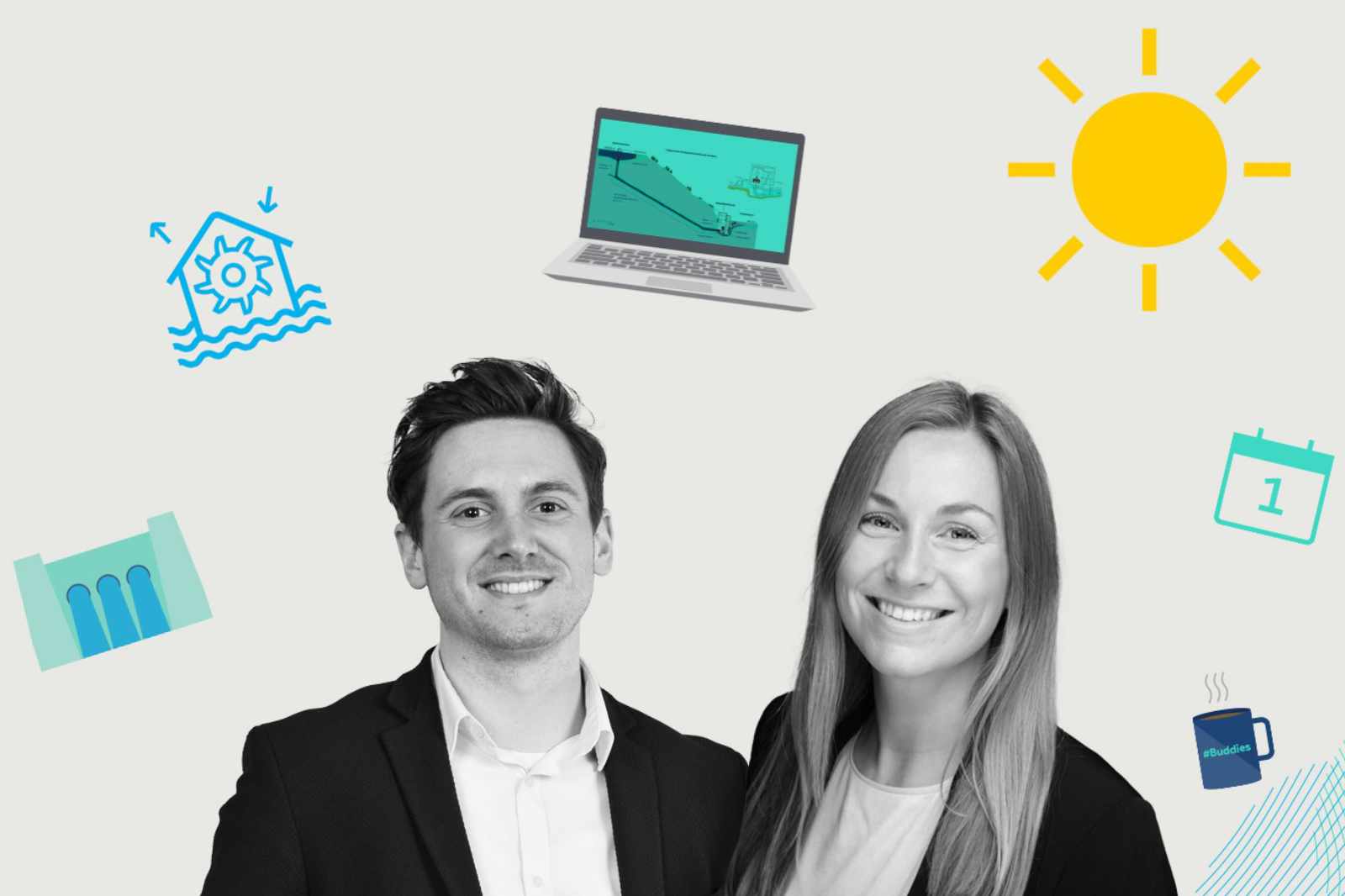 Zwei Personen stehen vor einem hellen Hintergrund. Icons zeigen Sonne, Laptop und Feiertagskalender.