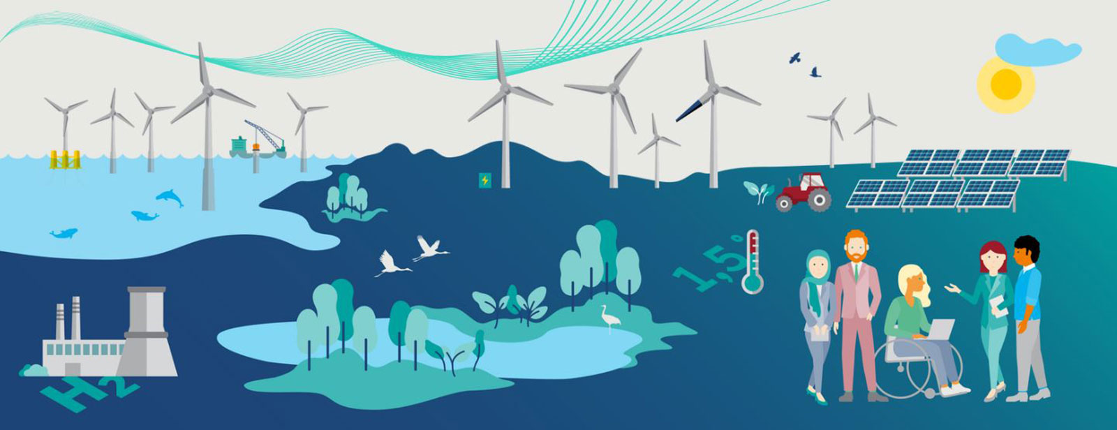 Eine lebendige Illustration mit Windkraftanlagen, Solarpanels, einer Fabrik und vielfältigen Menschen, die sich über grüne Energie austauschen.