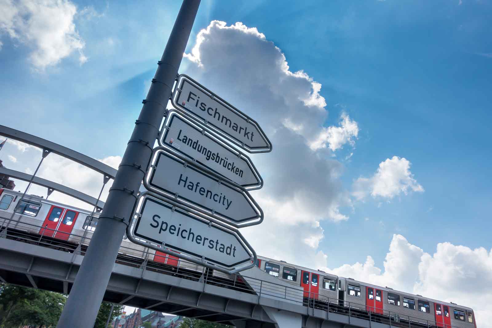 Ein Verkehrsschild zeigt Richtungen zu Fischmarkt, Landungsbrücken, Hafencity und Speicherstadt bei blauem Himmel.